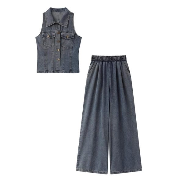 Retro Sleeveless Vest Waist Denim Wide Leg Pants Twopiece Suit for Women