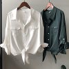 Womens Button Down V Neck Shirts 3/4 Sleeve Tie Front Loose Office Business Shirt Blouse Summer Casual Tops