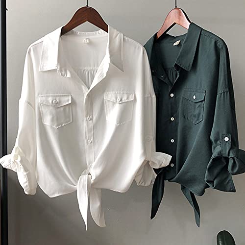Womens Button Down V Neck Shirts 3/4 Sleeve Tie Front Loose Office Business Shirt Blouse Summer Casual Tops