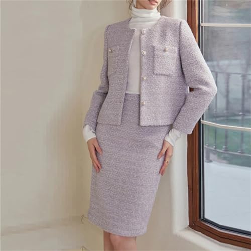 Women Purple Tweed Jacket + Skirt Suit Set Fringed Jacket Woolen Coat Autumn/Winter 2-Piece Set