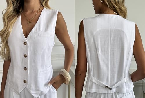 Women's Linen 2 Piece Sets Summer Outfits Vest Waistcoat Casual Dressy Work Vacation Travel Pants Sets