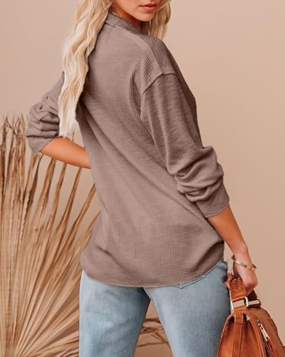 Women Casual Button Down Fall Blouses 2025 Long Sleeve Solid Business Work Tops Cute Relaxed Fit Shirts