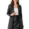 Faux Leather Long Jacket for Women's Notched Lapel Collar PU Trench Coat