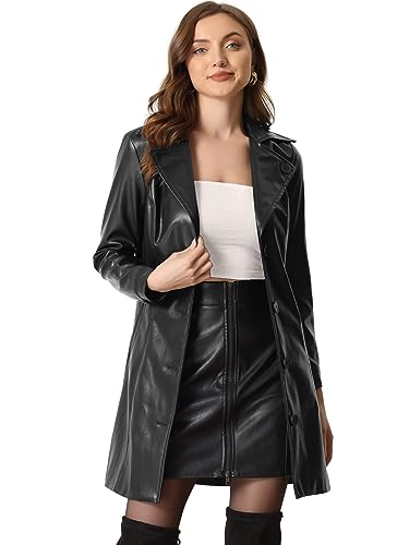 Faux Leather Long Jacket for Women's Notched Lapel Collar PU Trench Coat
