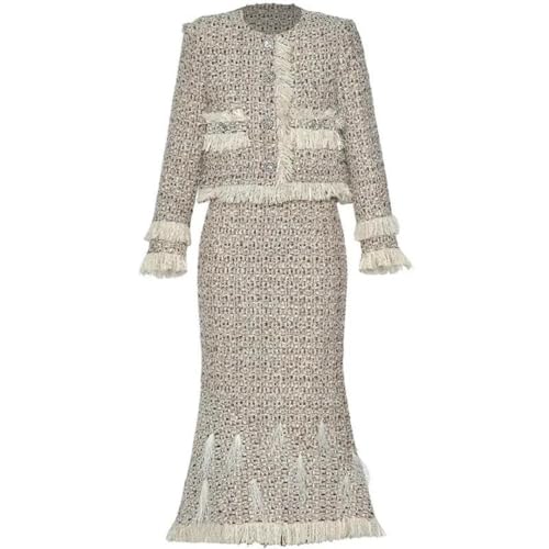Women Suit Long-Sleeved Tasserl Short Coat Pretty Slim-Fit Hip Wrap Skirt Two Piece Set