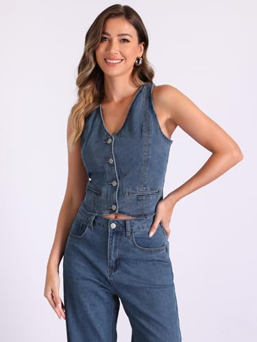 2 Piece Outfits Denim Set for Women's Sleeveless Button V Neck Denim Vest Waistcoat Wide Leg Jeans