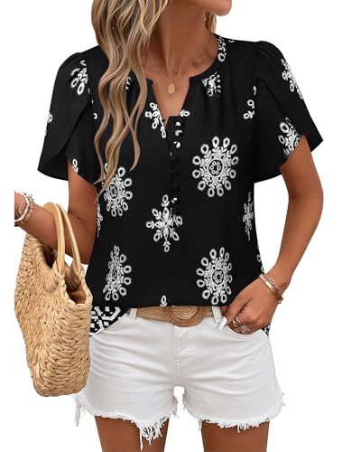 Womens Summer Tops Boho Short Sleeve Business Casual Blouses Button Down Floral Shirts Fashion Beach Vacation Clothes