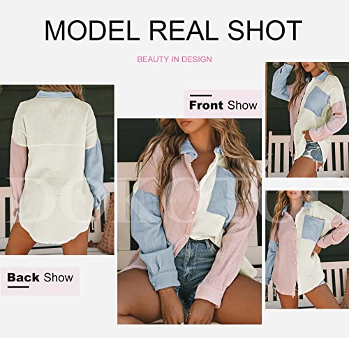 Womens Color Block Button Down Shirts Long Sleeve Oversized Boyfriend Blouses Tops
