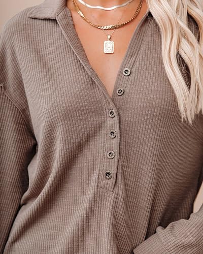 Women Casual Button Down Fall Blouses 2025 Long Sleeve Solid Business Work Tops Cute Relaxed Fit Shirts