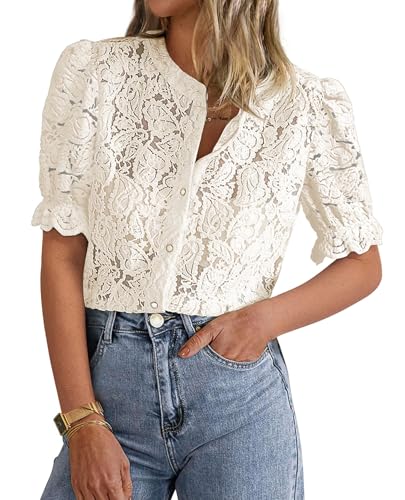 Womens 2025 Spring Lace Tops Short Puff Sleeve Casual Dressy Blouses Eyelet Crew Neck Button Down Shirts