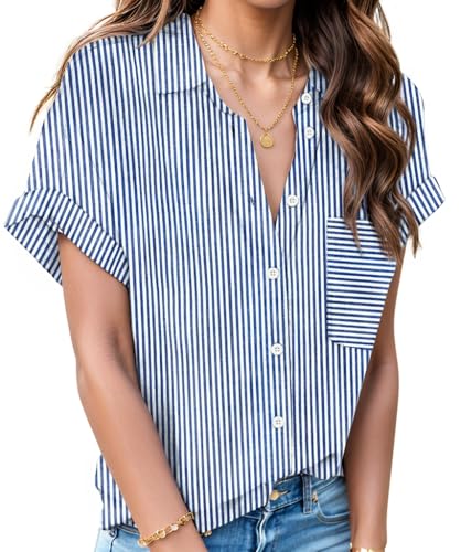 Linen Shirts for Women Cotton Short Sleeve V Neck Collared Button Down Blouses Tops S-3XL