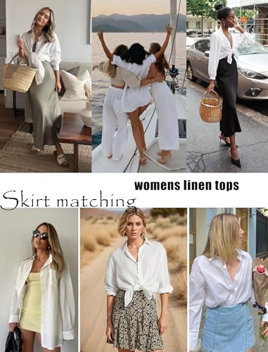 Womens Linen Button Down Shirt Casual Long Sleeve Cotton Blouse Loose Fit Collared Work Gauze Tops with Pocket