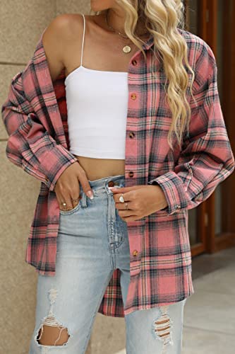 Womens Button Down Flannel Shirts Long Sleeve Plaid Shackets Business Casual Blouse Top