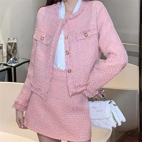 Women's Tweed Two Pieces Set Winter Long Sleeves Jacket Coat + Office Skirt Suits