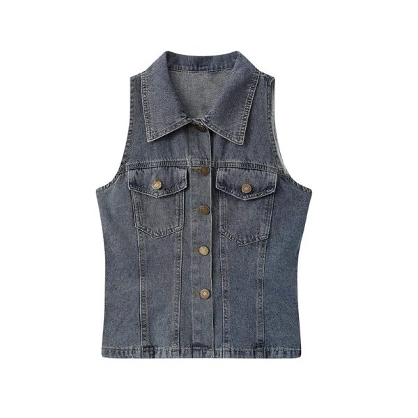 Retro Sleeveless Vest Waist Denim Wide Leg Pants Twopiece Suit for Women