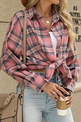 Womens Button Down Flannel Shirts Long Sleeve Plaid Shackets Business Casual Blouse Top