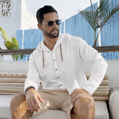 Men Cotton Linen Long Sleeve Button Down Shirt Summer Casual Hawaiian Beach Tops Lightweight Fashion Hoodies