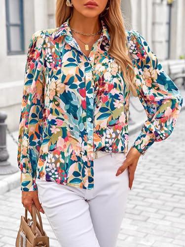 Women's Floral Blouses Dressy Casual V Neck Button Down Shirts Lantern Long Sleeve Boho Chiffon Fall Tops 2025