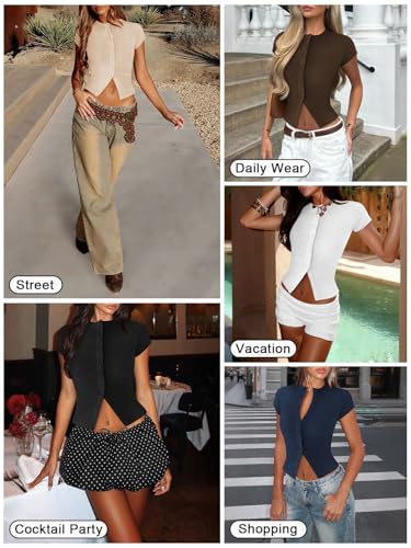 Women's Button Down Shirt Cap Sleeve Tops for Women Button Up Ribbed Knit Slim Fit Casual Y2K Crop Going Out Top