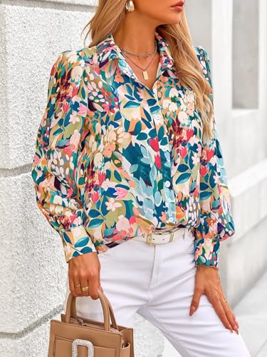 Women's Floral Blouses Dressy Casual V Neck Button Down Shirts Lantern Long Sleeve Boho Chiffon Fall Tops 2025