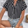 Womens Shirts Dressy Casual Summer Batwing Sleeve Shirt Trendy V Neck Button Down Striped Tops and Blouses