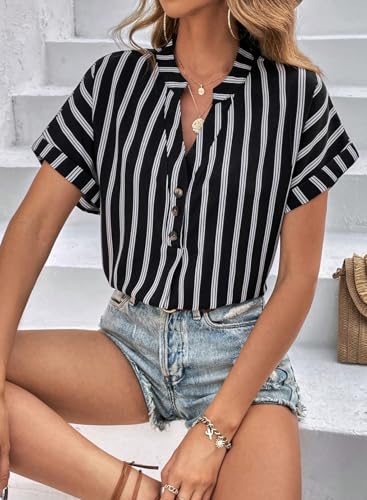 Womens Shirts Dressy Casual Summer Batwing Sleeve Shirt Trendy V Neck Button Down Striped Tops and Blouses