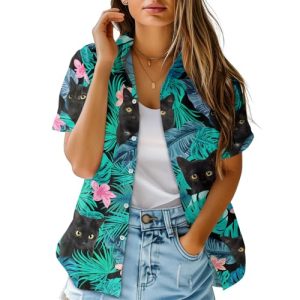 Cat Men's Hawaiian Shirt, Summer Tropical Button Down for Unisex, Funny Casual Short Sleeve Shirt