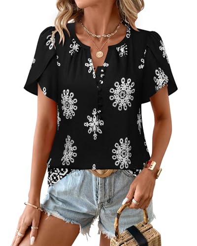 Womens Summer Tops Boho Short Sleeve Business Casual Blouses Button Down Floral Shirts Fashion Beach Vacation Clothes