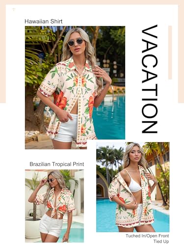 ???? Womens Hawaiian Shirt Luau Party Tropical Vacation Button Down Shirts Short Sleeve Beach Hawaii Floral Print Top