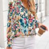 Women's Floral Blouses Dressy Casual V Neck Button Down Shirts Lantern Long Sleeve Boho Chiffon Fall Tops 2025