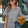 Linen Button Down Shirt Women Short Sleeve Cotton Blouses V Neck Collared Summer Beach Tops S-2XL