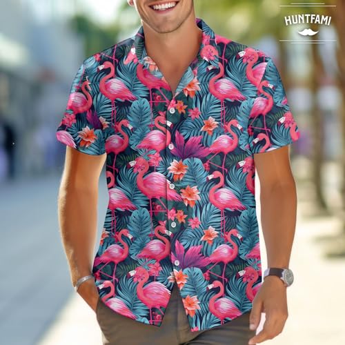 Men's Hawaiian Beach Shirt with Flamingo Shirt Men Print - Short Sleeve Linen Button Down