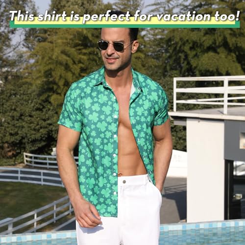Mens St. Patrick's Day Shirt Hawaiian Shirts for Women Irish Clover Printed Casual Short Sleeve Button Beach Top Costume