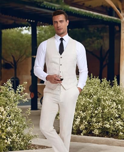 Casual Linen Beige Men's 2 Piece Suits Wedding Suits Slim Fit Groomsmen Tuxedos Prom Waistcoat Summer Linen Vest+Pant
