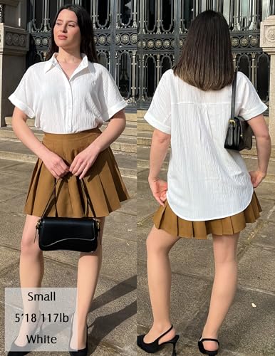 Womens Button Down Shirts Casual Short Sleeve Dress Shirt Textured Collared Summer Work Blouse