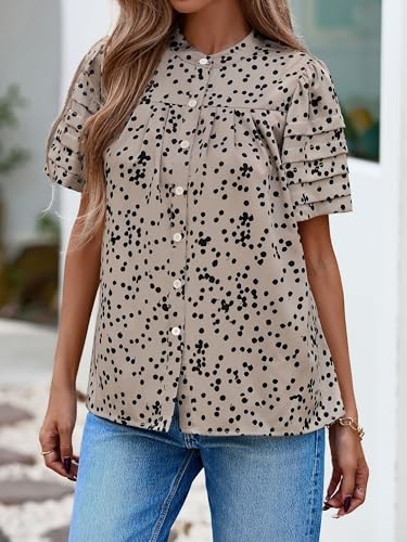 Womens Tops Summer Boho Floral Short Sleeve Button Down Shirts Crewneck Loose Vacation Dressy Casual Work Blouses