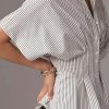 Women??s Striped Button Down Shirt Summer Pleated Short Sleeve Tops Collared Peplum Blouse Business Casual Outfits
