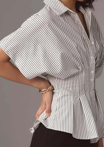 Women??s Striped Button Down Shirt Summer Pleated Short Sleeve Tops Collared Peplum Blouse Business Casual Outfits