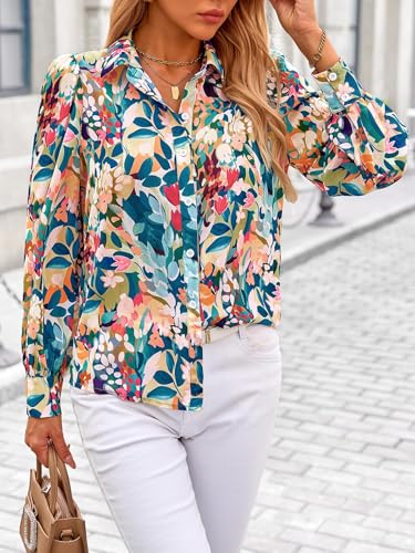 Women's Floral Blouses Dressy Casual V Neck Button Down Shirts Lantern Long Sleeve Boho Chiffon Fall Tops 2025