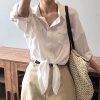 Womens Button Down V Neck Shirts 3/4 Sleeve Tie Front Loose Office Business Shirt Blouse Summer Casual Tops