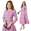 Women's Two-Piece Jacquard Dress Set, Pink Floral Pattern, Long Sleeve Cropped Jacket with Brooch, Midi A-Line Skirt
