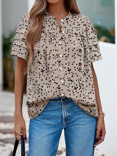 Womens Tops Summer Boho Floral Short Sleeve Button Down Shirts Crewneck Loose Vacation Dressy Casual Work Blouses