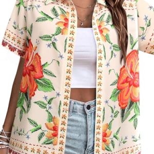 ???? Womens Hawaiian Shirt Luau Party Tropical Vacation Button Down Shirts Short Sleeve Beach Hawaii Floral Print Top