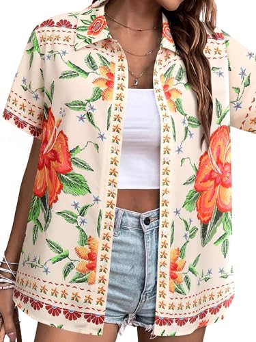???? Womens Hawaiian Shirt Luau Party Tropical Vacation Button Down Shirts Short Sleeve Beach Hawaii Floral Print Top