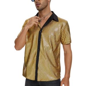 Mens 70S Disco Outfits Sequin Shirt Short Sleeve Button Down Shirts Party Novelty Shirts Nightclub Christmas Prom Costume