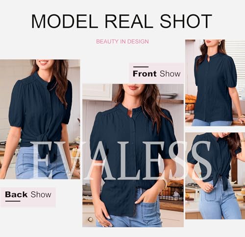 Womens Button Down Shirts Cute Short Puff Sleeve V Neck Tops Spring Summer Blouses for Women Dressy Casual