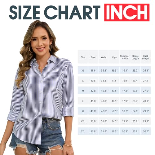 Grade 4 Wrinkle-Resistant Women's Button Down Shirts Striped Long Sleeve Collared Blouses Tops with Pocket