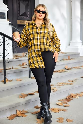 Womens Plus Size Flannel Shirts Plaid Shirts Long Sleeves Casual Button Down Collared Shacket Tops