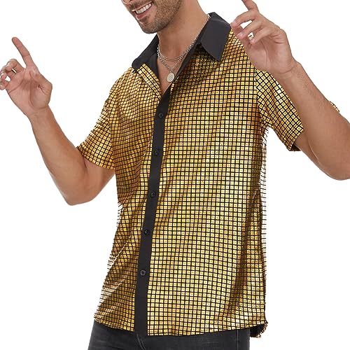Mens 70S Disco Outfits Sequin Shirt Short Sleeve Button Down Shirts Party Novelty Shirts Nightclub Christmas Prom Costume