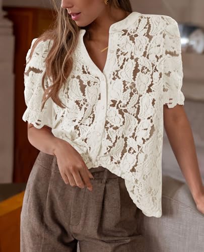 Womens 2025 Spring Lace Tops Short Puff Sleeve Casual Dressy Blouses Eyelet Crew Neck Button Down Shirts